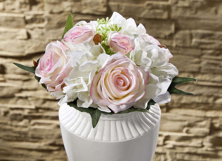 Kunst- & Textilpflanzen - Rosen-Hortensien-Bouquet, in Farbe CREME-ROSA