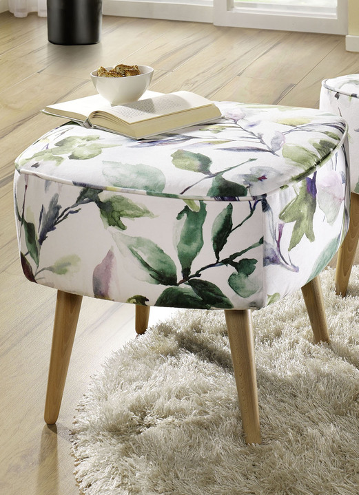 Polstermöbel - Hocker mit naturnahen Blättermotiven und Komfortschaum-Polsterung, in Farbe WEISS-GRÜN, in Ausführung Hocker