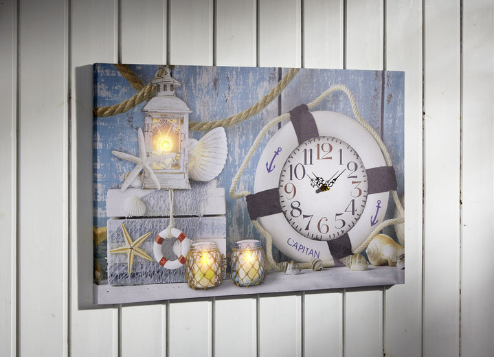 Uhren - LED-Leinwandbild mit einer Uhr, in Farbe WEISS-BLAU-GRAU