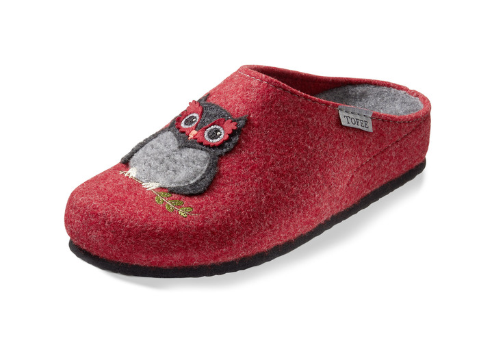 Geschenkideen - Kuschelwarmer Hausschuh mit Eulen-Applikation, in Größe 036 bis 042, in Farbe ROT Ansicht 1
