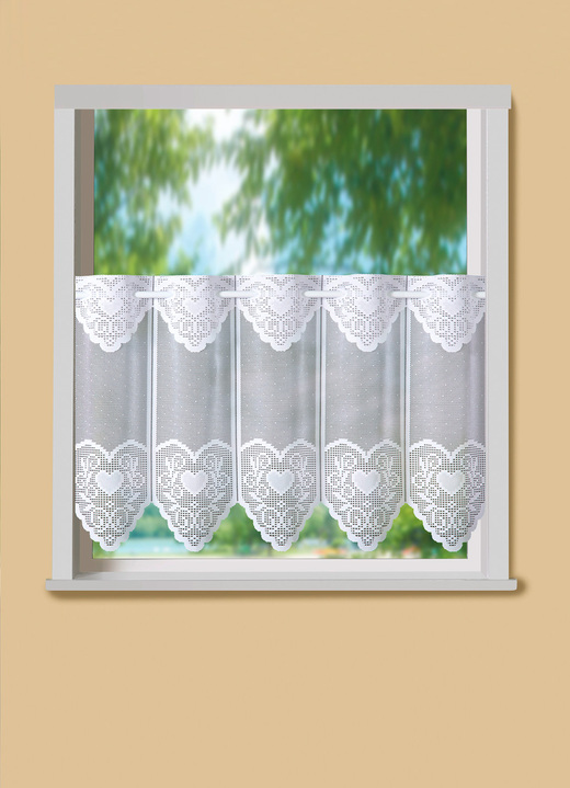 Landhaus & Küche - Lichtdurchlässiger Kurzstore mit Herzchen-Motiven, in Größe 784 (H45xB 86,5 cm) bis 859 (H60xB 138 cm), in Farbe WEISS