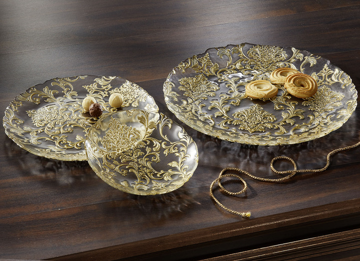 - Teller aus Glas mit goldfarbenem Relief, in Farbe GOLD-TRANSPARENT, in Ausführung klein