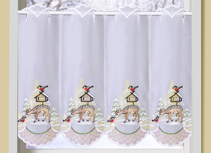 - Kurzstore aus echter Plauener Spitze mit Stangendurchzug, in Größe 822 (H35xB 80 cm) bis 862 (H55xB144 cm), in Farbe WEISS-GOLD Ansicht 2