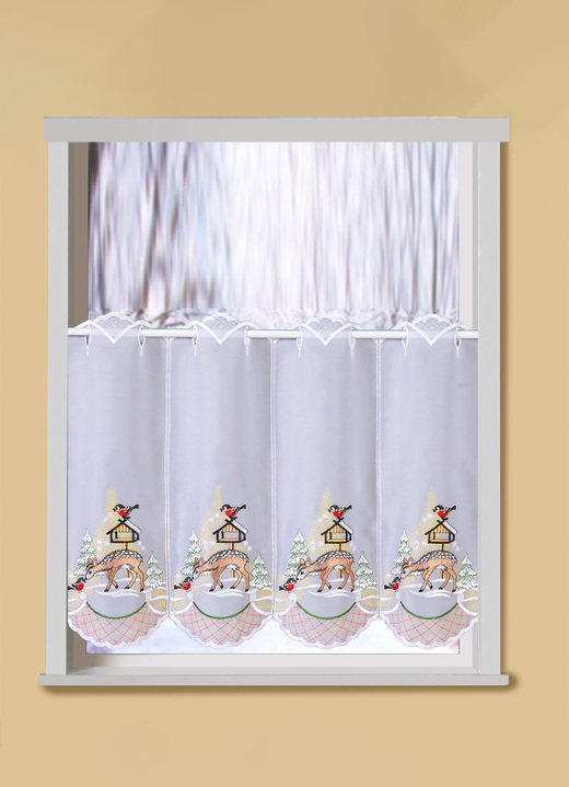 Landhaus & Küche - Kurzstore aus echter Plauener Spitze mit Stangendurchzug, in Größe 822 (H35xB 80 cm) bis 862 (H55xB144 cm), in Farbe WEISS-GOLD Ansicht 1