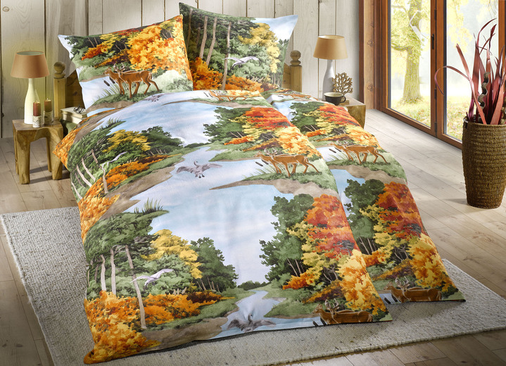 Herbstimpressionen - Naturnahe Bettwäsche-Garnitur in Biber-Qualität, in Größe 111 (40x80 cm + 135x200 cm) bis 412 (4-teiliges Sparset), in Farbe MULTICOLOR