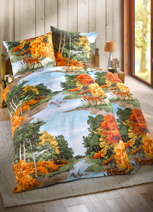 Herbstimpressionen - Naturnahe Bettwäsche-Garnitur in Biber-Qualität, in Größe 111 (40x80 cm + 135x200 cm) bis 412 (4-teiliges Sparset), in Farbe MULTICOLOR Ansicht 1