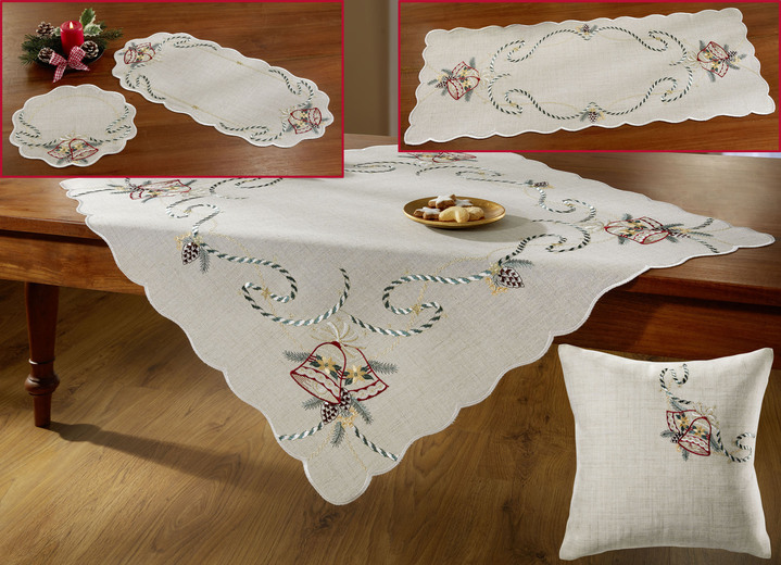 Tischdecken - Tisch- und Raumdekoration mit echter Plauener Stickerei, in Größe 110 (Deckchen rund, ø 26 cm) bis 404 (Kissenbezug, 40x 40 cm), in Farbe NATUR-BUNT Ansicht 1