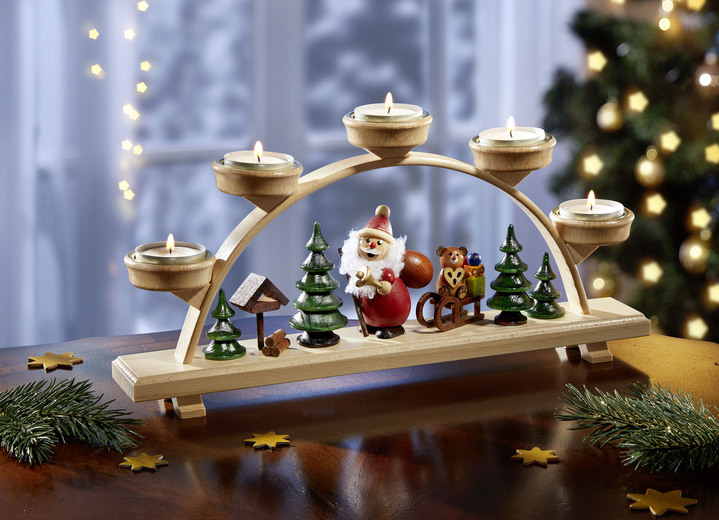 Weihnachtliche Dekorationen - Handgearbeiteter Teelichthalter aus Holz, in Farbe NATUR-GRÜN