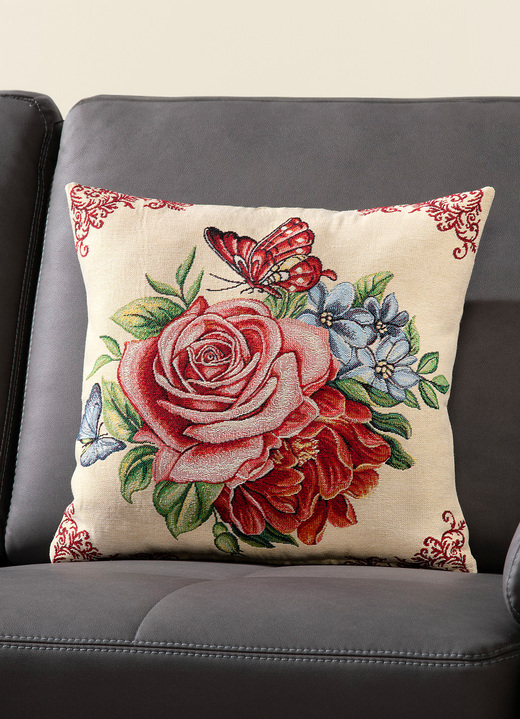 Kissenbezüge - Kissenbezug mit Rosenmotiv und Schmetterling, in Farbe BEIGE-ECRU Ansicht 2