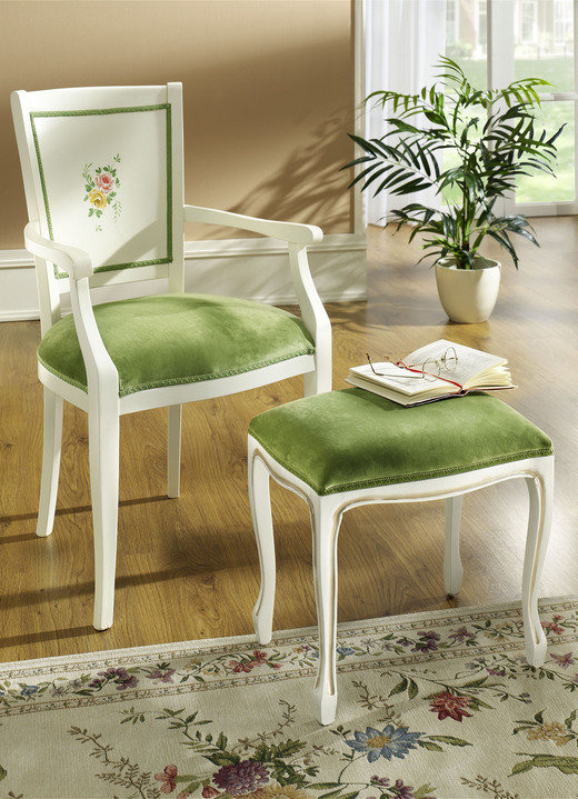 Kleinmöbel - Polstermöbeln aus massivem Buchenholz, in Farbe ANTIKWEISS-GRÜN, in Ausführung Hocker Ansicht 1