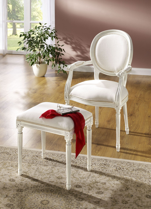 - Klassische Sitzmöbel aus massivem Buchenholz, in Farbe ANTIKWEISS-BEIGE, in Ausführung Hocker