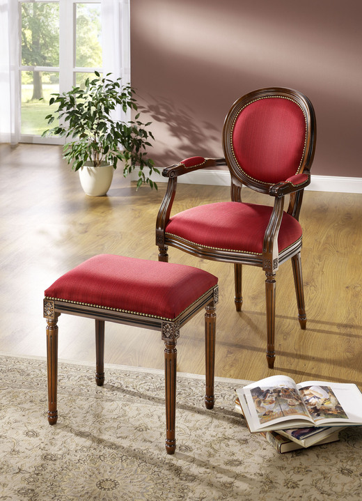 Polstermöbel - Klassische Sitzmöbel aus massivem Buchenholz, in Farbe NUSSBAUM-ROT, in Ausführung Hocker Ansicht 1