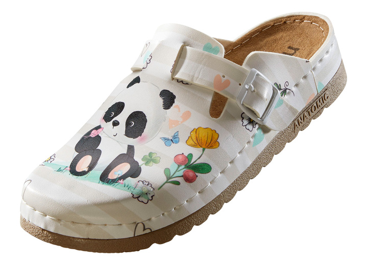 Hausschuhe - Bequemer Clog mit niedlichem Panda-Druck, in Größe 036 bis 042, in Farbe WEISS-BEIGE Ansicht 2