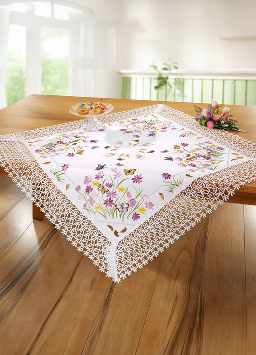 Tischdecken - Tisch- und Raumdekoration mit Spitzenborte, in Größe 101 (Deckchen, 35x 50 cm) bis 404 (Kissenbezug, 40x 40 cm), in Farbe WEISS-BUNT Ansicht 1