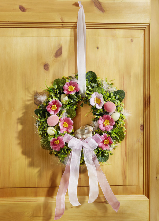 Osterkränze & Gestecke - Wandkranz mit Häschen aus Keramik, in Farbe GRÜN-ROSA