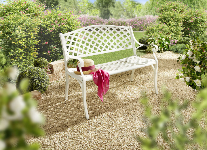 Gartenmöbel - Wetterfeste 2-Sitzer-Gartenbank aus leichten Aluguß, in Farbe WEISS Ansicht 1