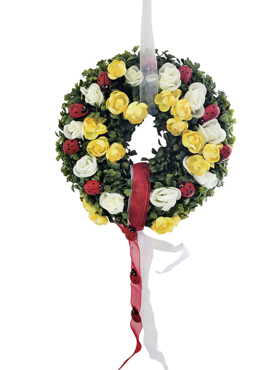 Kunst- & Textilpflanzen - Wandkranz mit Ranunkeln und Marienkäfern, in Farbe GELB-ROT Ansicht 2