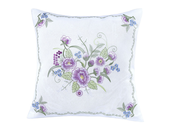 Tischdecken - Tischdecke oder Kissenbezug mit Blüten-Stickerei, in Größe 101 (Deckchen, 35x 50 cm) bis 404 (Kissenbezug, 40x 40 cm), in Farbe WEISS-BUNT Ansicht 1