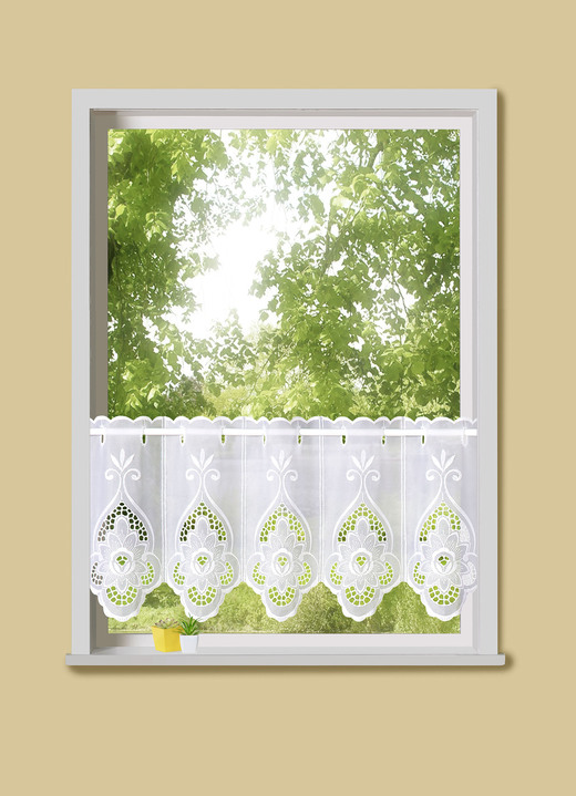Landhaus & Küche - Kurzstore Blume mit Stangendurchzug, in Größe 786 (H45xB 95 cm) bis 884 (H90xB160 cm), in Farbe WEISS Ansicht 1