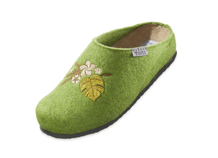 Hausschuh mit  Blüten- und Blattstickerei