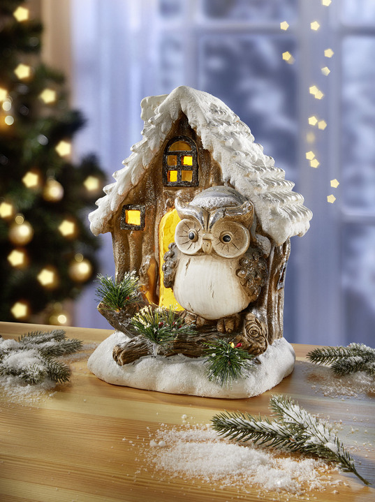 Weihnachtliche Dekorationen - Beleuchtetes Häuschen mit Eule, in Farbe BRAUN-BEIGE
