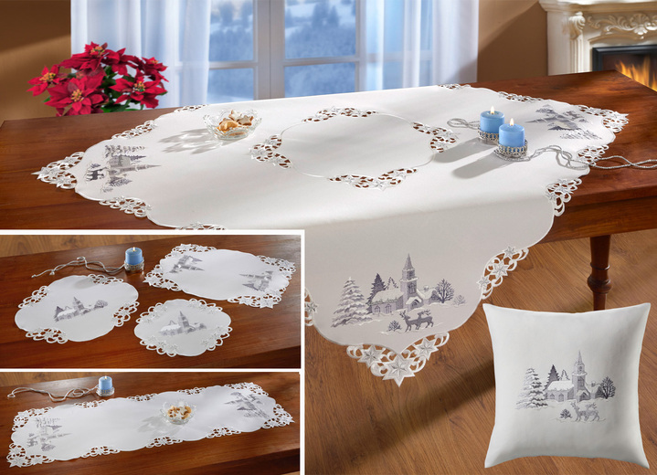 Tischdecken - Tischdecke mit romantischem Winterdorf-Dessin, in Größe 101 (2x Platzset, 35x 50 cm) bis 404 (Kissenbezug, 40x 40 cm), in Farbe WOLLWEISS
