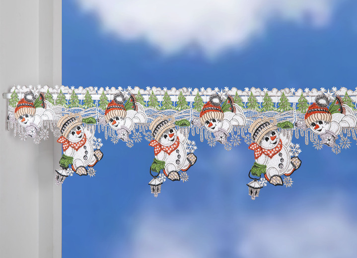 Fensterdekorationen - Stangendekoration Schneemänner aus echter Plauener Spitze, in Größe 628 (H18xB36 cm) bis 664 (H18xB93 cm), in Farbe MULTICOLOR