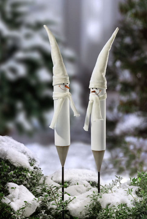Außendekorationen - Gartenstecker aus Metall, 2er-Set, in Farbe WEISS, in Ausführung Schneemann Ansicht 1