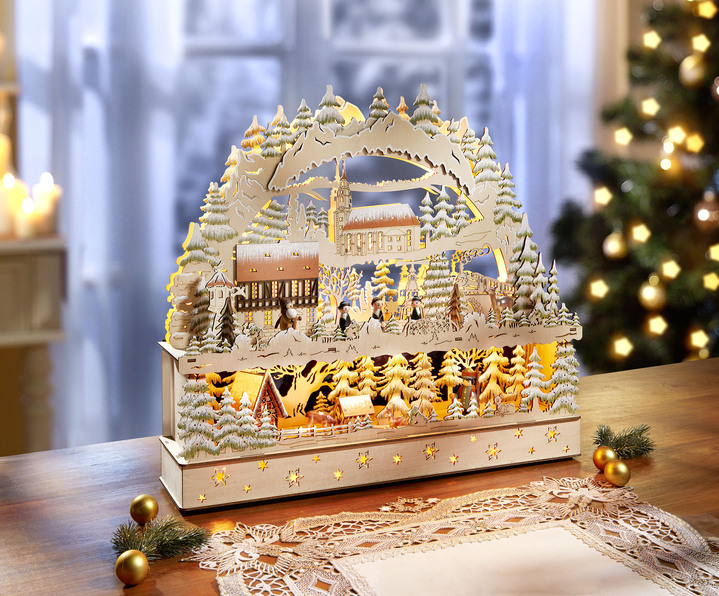 Weihnachtliche Dekorationen - Schwibbogen aus Holz mit LED-Beleuchtung, in Farbe NATUR-GRÜN-BRAUN