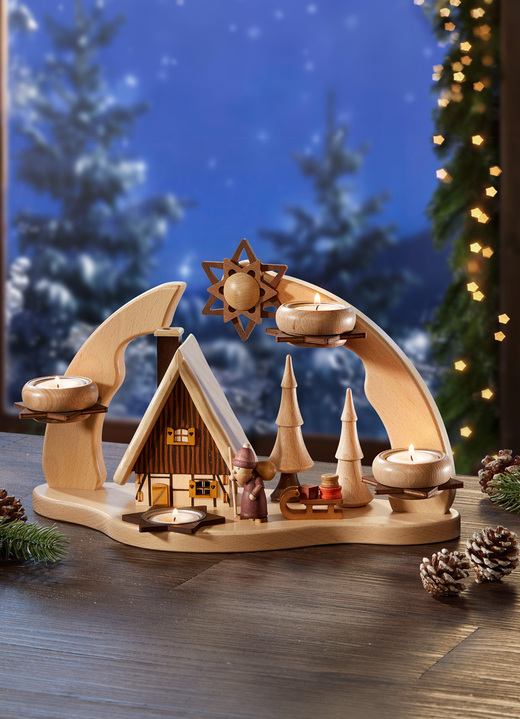 Weihnachten - Teelichthalter mit Räucherhaus aus einheimischen Massivhölzern, in Farbe NATUR-BRAUN
