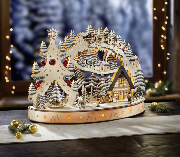 Weihnachtliche Dekorationen - Schwibbogen aus Holz mit LED-Beleuchtung, in Farbe NATUR-GRÜN-BRAUN