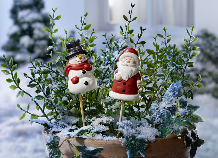 Weihnachten - Gartenstecker Schneemann + Santa Clause, in Farbe ROT-WEISS