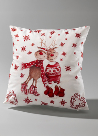 Kissenbezüge - Kissenbezug mit Rentierpaar in Samtoptik, in Farbe ROT – Farbe ROT – Ansicht 