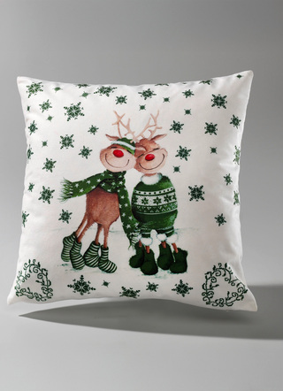 Kissenbezüge - Kissenbezug mit Rentierpaar in Samtoptik, in Farbe ROT – Farbe GRÜN – Ansicht 