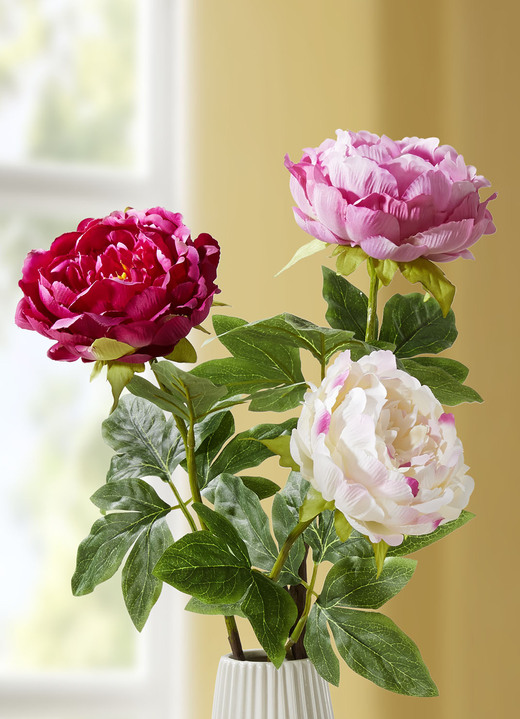 Dekoration - Päonien-Blumen aus hochwertigem Kunst- und Textilmaterial im 3er-Set, in Farbe WEISS-ROSA-LILA
