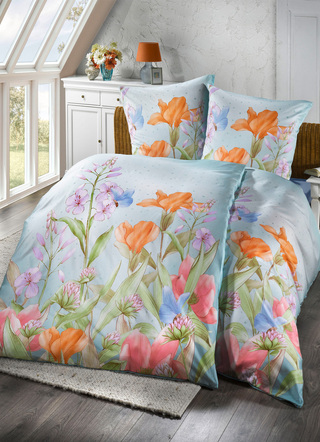 Bettwäschegarnituren - Dormisette Bettwäsche-Garnitur mit floralen Dessin, in Größe 112 (80x80 cm + 135x200 cm) bis 115 (80x80 cm + 155x220 cm), in Farbe BLAU
