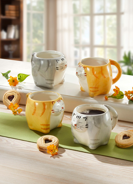 Gläser & Geschirr - Katzen-Tasse, 2er-Set, aus hochwertiger Keramik, in Farbe ORANGE-WEISS Ansicht 1