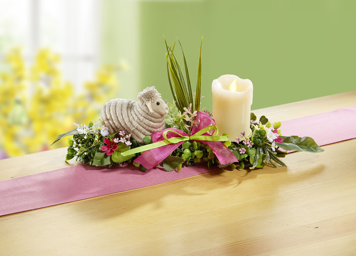 Ostern - Tischgesteck mit LED-Echtwachskerze, in Farbe GRÜN-ROSA Ansicht 2