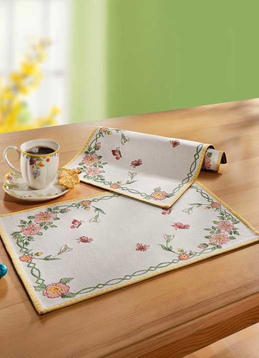 Tischdecken - Tischdekoration mit Blümchen- und Schmetterlingsdekor, in Farbe CREME-GELB-ROSA, in Ausführung Platzdeckchen Ansicht 1