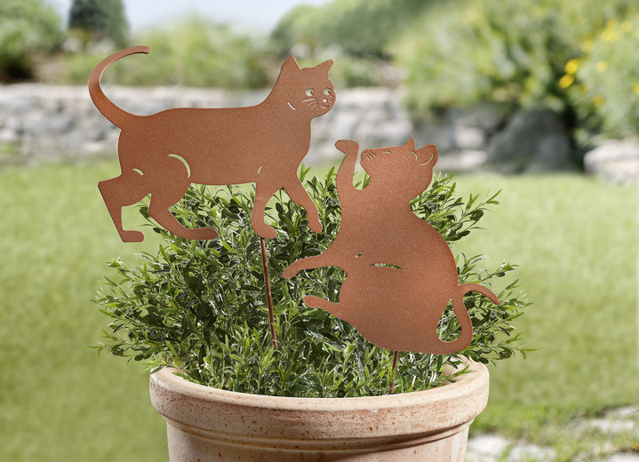 Gartendekoration - Dekostecker mit Katzen-Motiv, 2er-Set, in Farbe ROST
