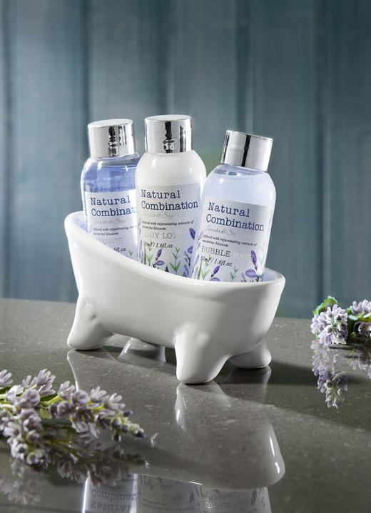 Geschenkideen - Bade-Set in Duftrichtung Lavendel & Salbei, 4-teilig, in Farbe LILA-WEISS