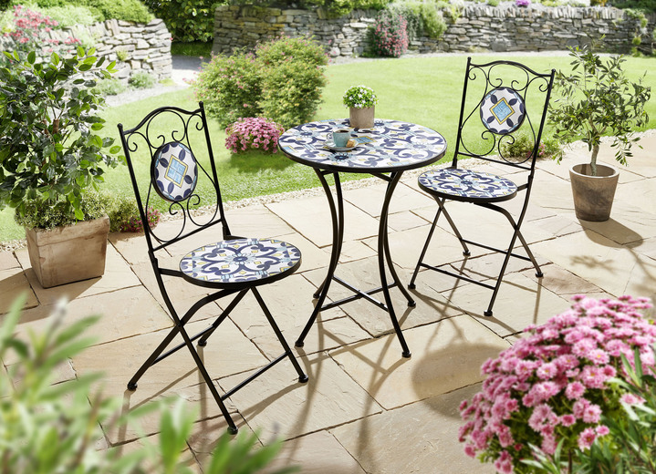 Gartenmöbel - Bistro-Set mit Mosaik-Tischplatte, in Farbe BLAU-WEISS-GELB Ansicht 1