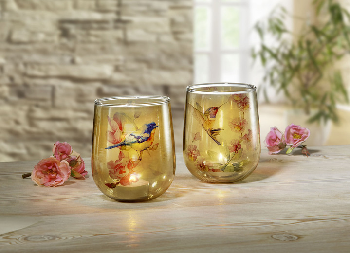 Wohnaccessoires - Glas-Windlicht mit Vögelchen-Szene, 2er-Set, in Farbe BUNT Ansicht 1