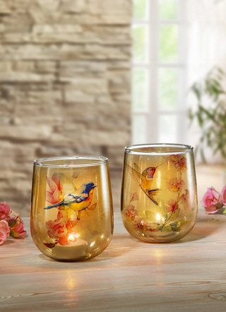 - Glas-Windlicht mit Vögelchen-Szene, 2er-Set, in Farbe BUNT