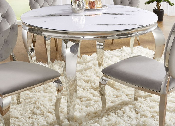 Tische - Esstisch mit Glasplatte, in Farbe CHROM-MARMOROPTIK WEISS Ansicht 1