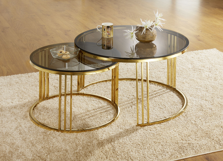 Kleinmöbel - Beistelltisch-Set mit Tischplatten aus Rauchglas, in Farbe GOLD-SCHWARZ Ansicht 1