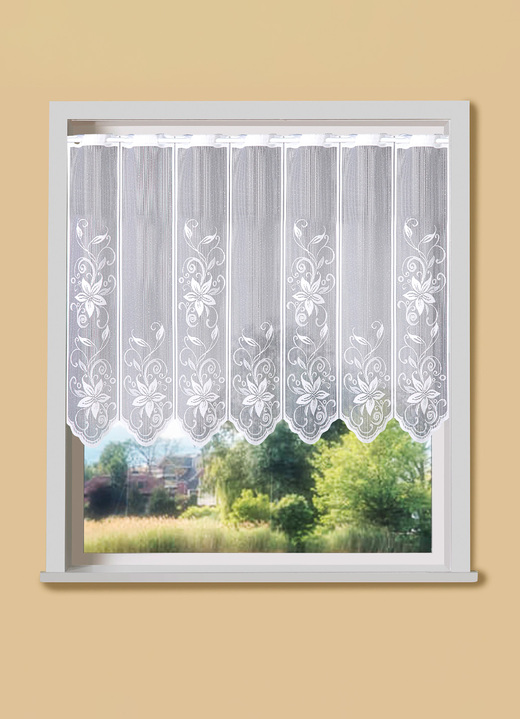 Klassisch - Kurzstore mit Blumenranken-Motiv und Stangendurchzug, in Größe 822 (H30xB 96 cm) bis 884 (H90xB160 cm), in Farbe WEISS