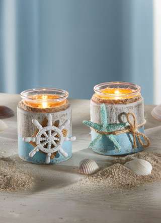 - Maritime Teelichthalter aus Holz, 2er-Set, in Farbe WEISS-BLAU
