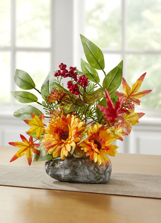 Kunst- & Textilpflanzen - Gerbera-Gesteck auf Stein, in Farbe ORANGE-GRÜN