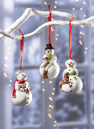Schneemannhänger aus Porzellan, 3er-Set